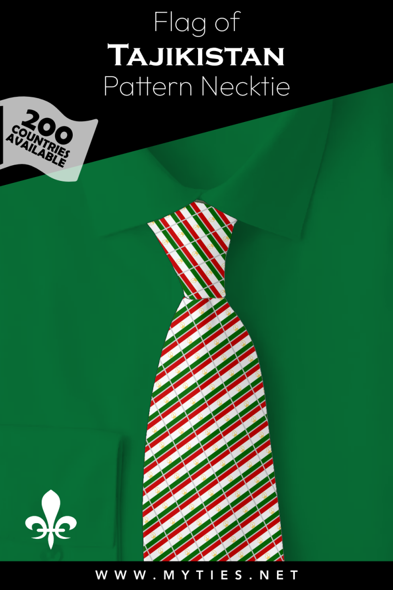 Pinterest Pin image: Flag of Tajikistan patterned necktie, illustration of Tajikistan flag necktie on folded green shirt