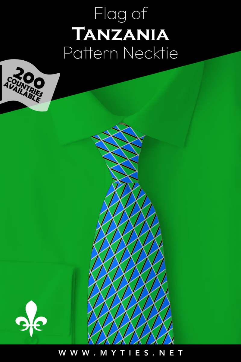 Pinterest Pin image: Flag of Tanzania patterned necktie, illustration of Tanzania flag necktie on folded green shirt