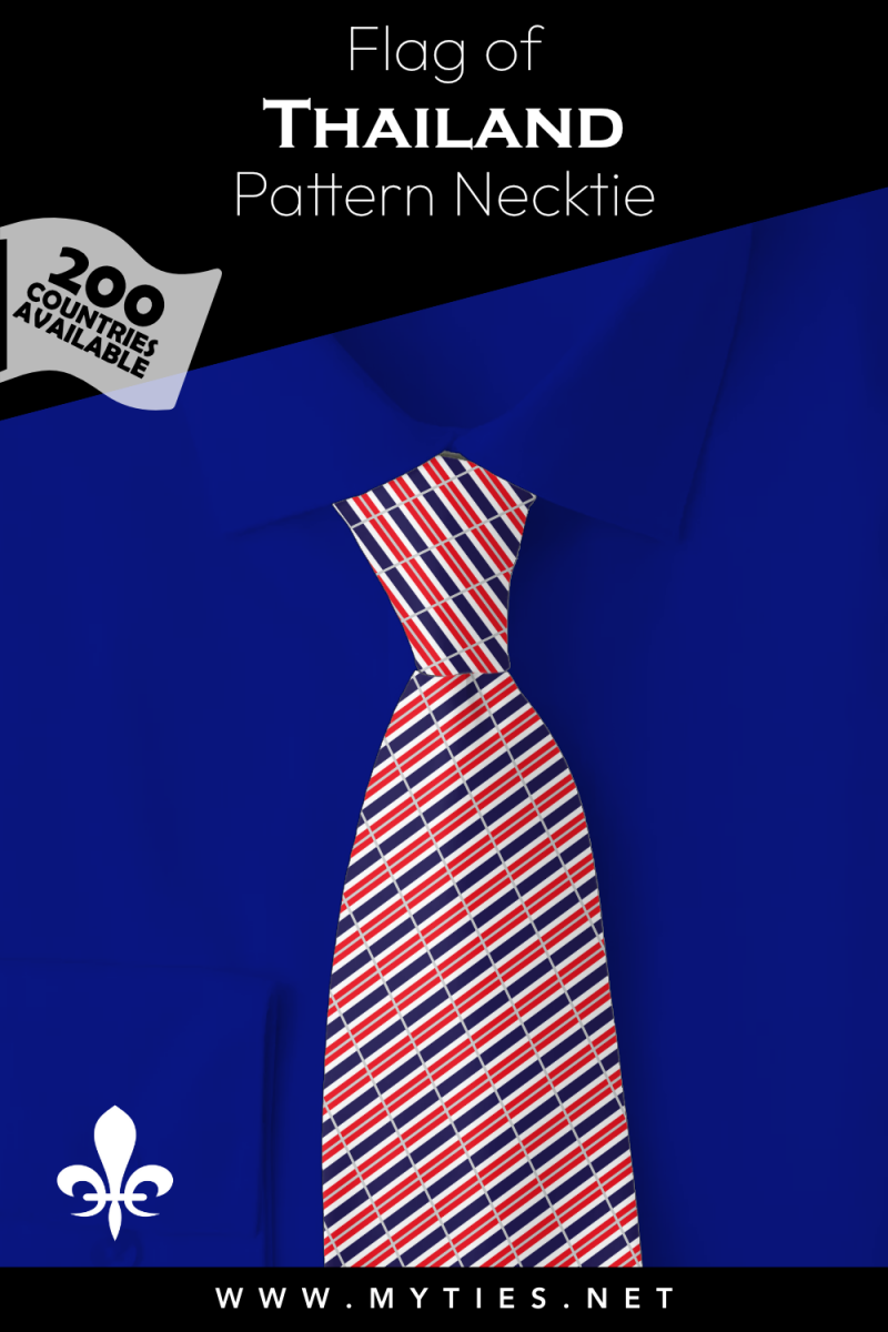 Pinterest Pin image: Flag of Thailand patterned necktie, illustration of Thailand flag necktie on folded blue shirt