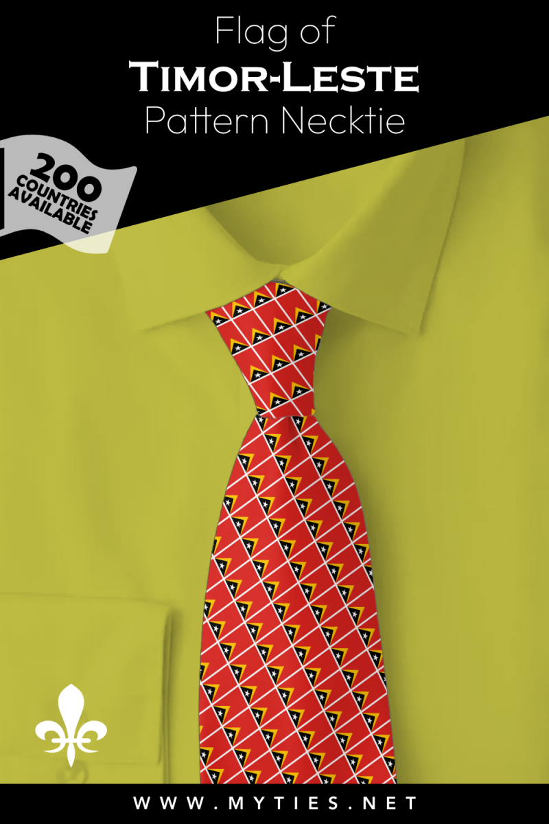 Pinterest Pin image: Flag of Timor-Leste patterned necktie, illustration of Timor-Leste flag necktie on folded yellow shirt