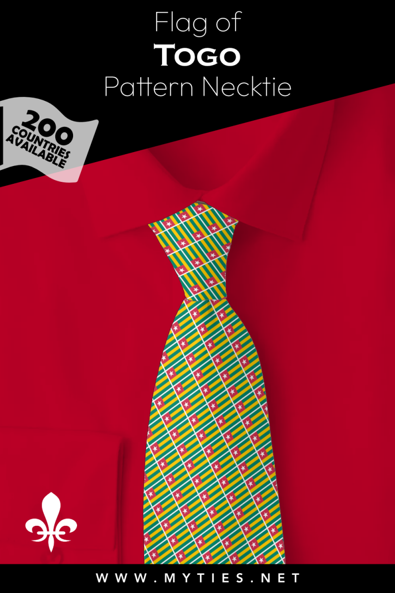 Pinterest Pin image: Flag of Togo patterned necktie, illustration of Togo flag necktie on folded red shirt