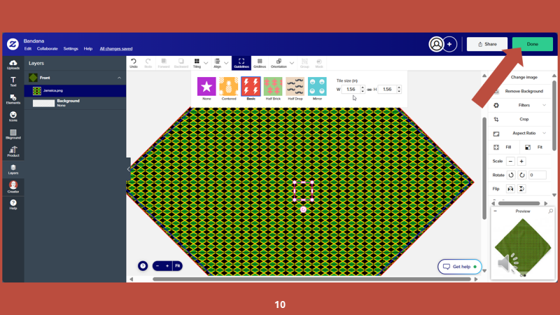 Screenshot of Zazzle design tool for Step 10: Now that the design is complete, click the DONE button.