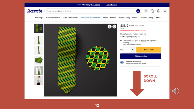 Screenshot of Zazzle design tool for Step 12: We'll need to return to the Jamaica flag necktie product page to restart the transfer process.