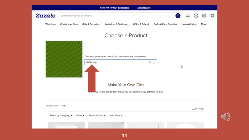 Screenshot of Zazzle design tool for Step 14: Enter "duffel bag" into the search field.