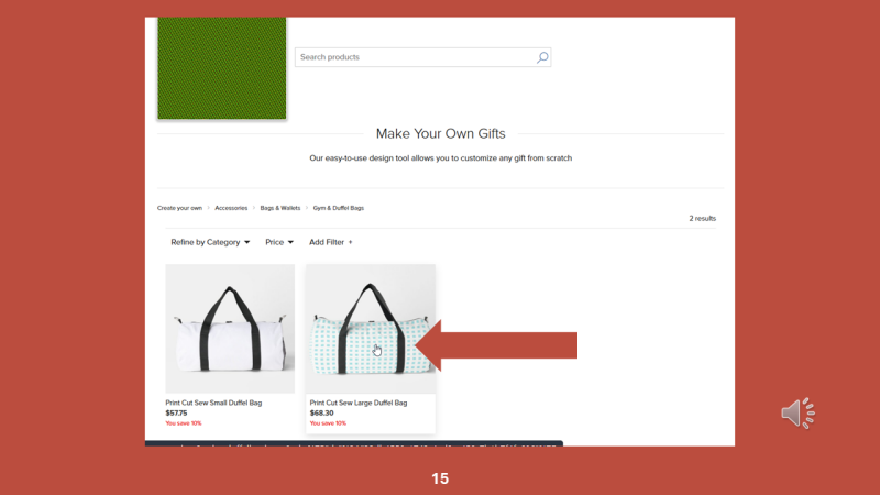 Screenshot of Zazzle design tool for Step 15: Click the large duffel bag image displayed in the search results.