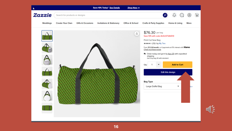 Screenshot of Zazzle design tool for Step 16: You will be taken to the duffel bag product page and the Jamaica flag pattern will have been transferred.
