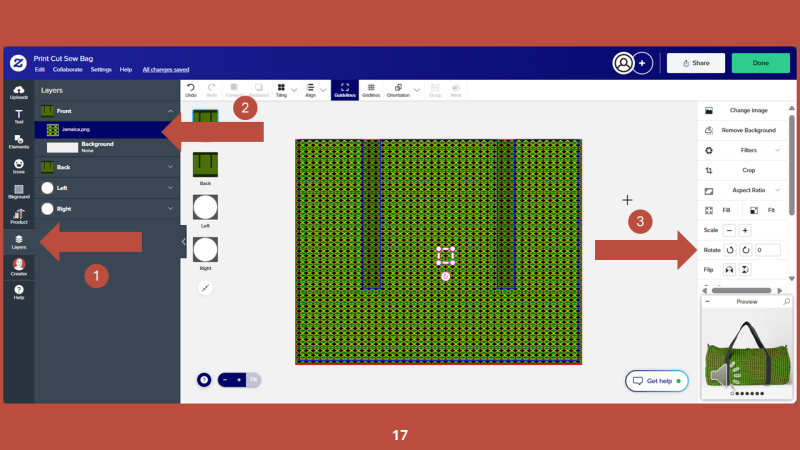 Screenshot of Zazzle design tool for Step 17: In Zazzle designer, open the LAYERS panel and select the Jamaica flag pattern tile, if it is not already selected.