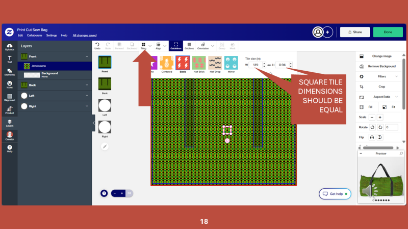 Screenshot of Zazzle design tool for Step 18: Now click on the TILING pulldown menu.
