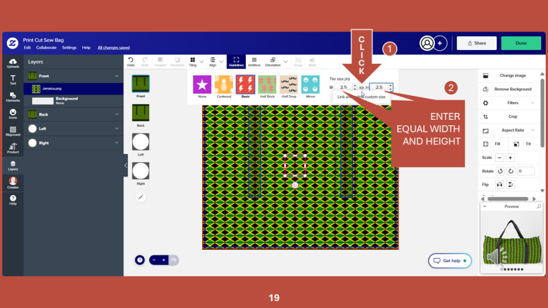 Screenshot of Zazzle design tool for Step 19: To correct the issue, click on the chain-link icon between the two dimension boxes.