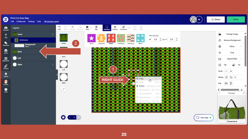 Screenshot of Zazzle design tool for Step 20: Now we need to update the pattern on the other layers of the duffel bag.
