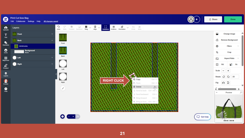 Screenshot of Zazzle design tool for Step 21: Now on the back layer, right-click on the selected tile on the art board.