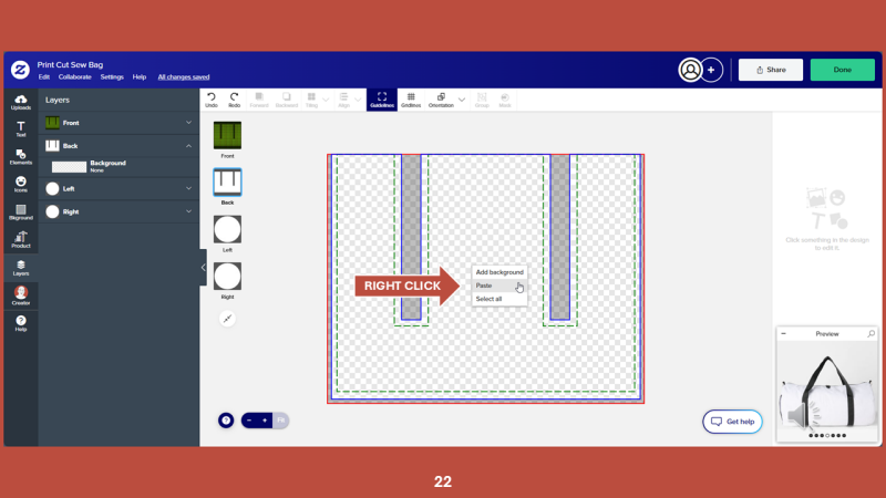 Screenshot of Zazzle design tool for Step 22: Right-click on the empty art board and choose PASTE.
