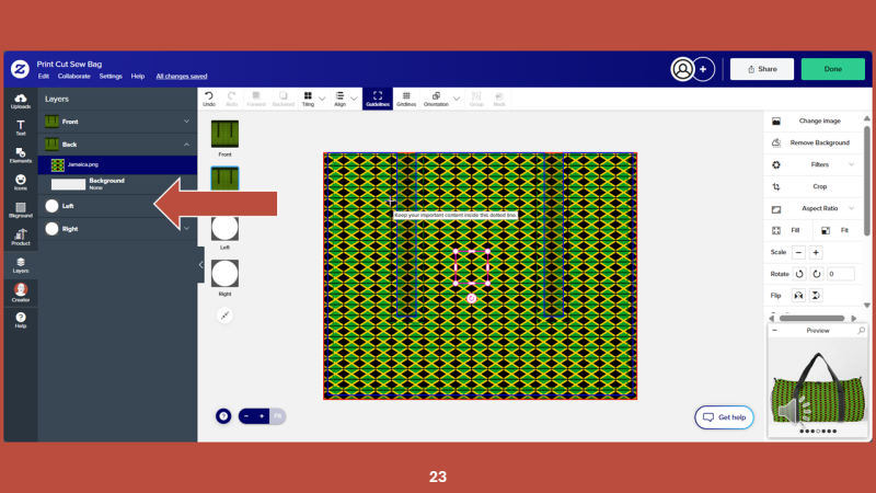 Screenshot of Zazzle design tool for Step 23: In the LAYERS panel, choose the LEFT layer.