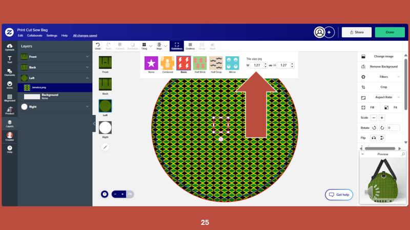 Screenshot of Zazzle design tool for Step 25: With the tile selected on the art board, go to the TILING pulldown menu at the top of the screen.