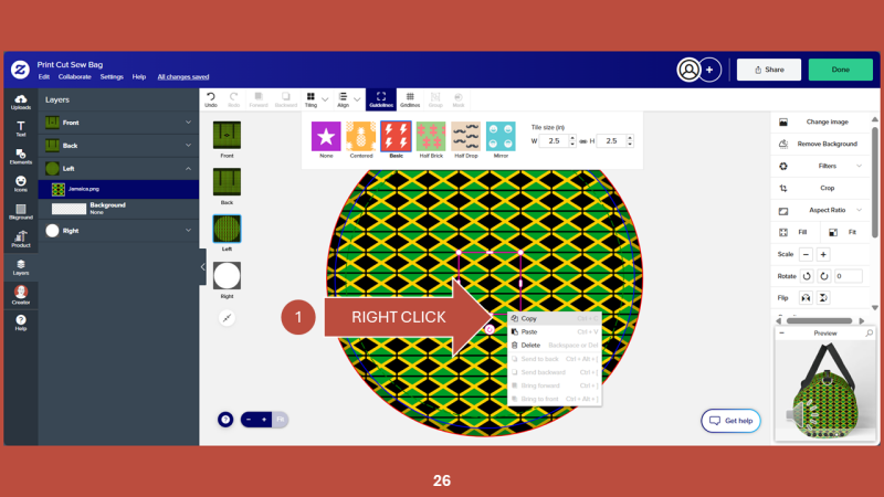 Screenshot of Zazzle design tool for Step 26: Now right-click on the selected tile in the art board, and choose COPY.