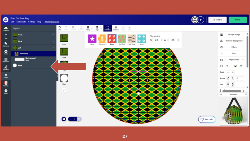 Screenshot of Zazzle design tool for Step 27: In the LAYERS panel, choose the RIGHT layer.