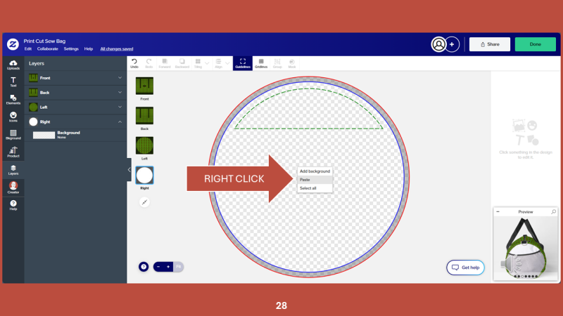Screenshot of Zazzle design tool for Step 28: Right-click on the empty art board and choose PASTE.