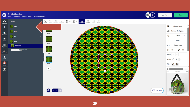 Screenshot of Zazzle design tool for Step 29: Return to the front layer by clicking on it in the LAYERS panel.