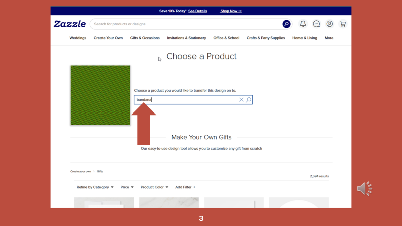 Screenshot of Zazzle design tool for Step 3: On the "Choose a Product" page enter "bandana" in the search field.