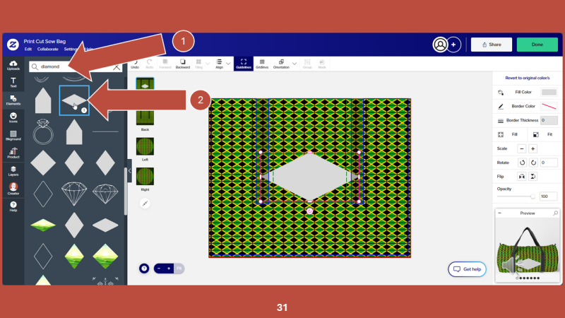 Screenshot of Zazzle design tool for Step 32: With the diamond element selected on the art board, click FILL COLOR in the right panel.
