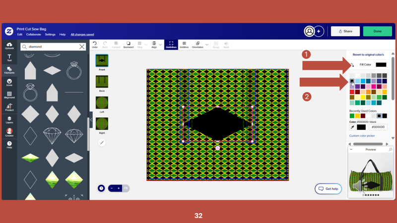 Screenshot of Zazzle design tool for Step 32: With the diamond element selected on the art board, click FILL COLOR in the right panel.
