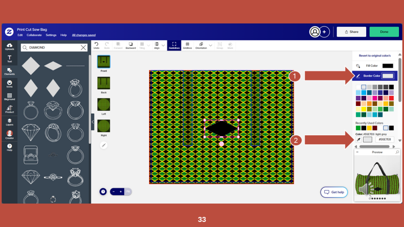 Screenshot of Zazzle design tool for Step 33: Select BORDER COLOR.