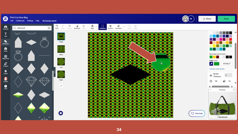 Screenshot of Zazzle design tool for Step 34: With the eyedropper tool, click on an area in the art board that is green.