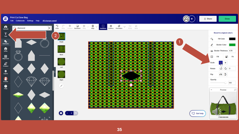 Screenshot of Zazzle design tool for Step 35: Size the diamond shape using the SCALE option in the right panel by clicking the - symbol (or the + symbol if it needs to be larger).