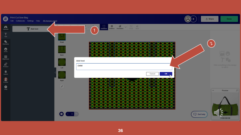 Screenshot of Zazzle design tool for Step 36: Now click ADD TEXT, and enter three initials in the pop-up screen.