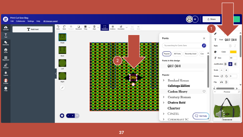 Screenshot of Zazzle design tool for Step 37: With the text selected, in the right side panel customize the text by selecting font options, color and size.