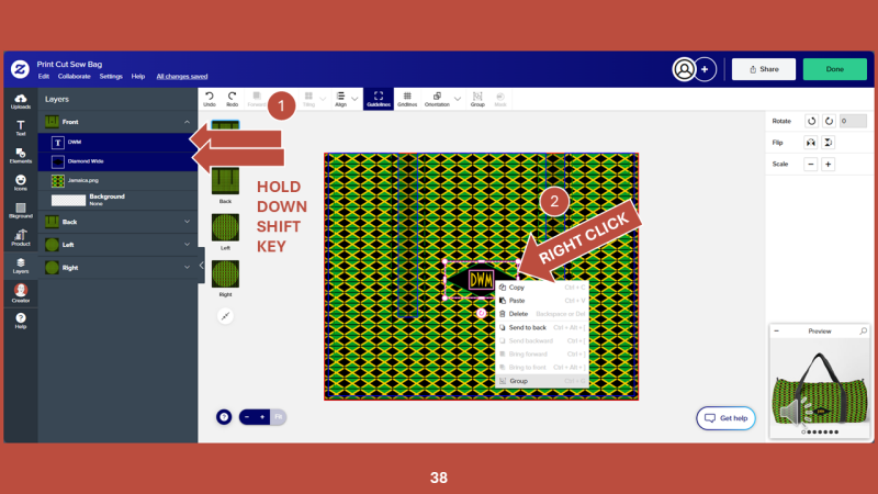 Screenshot of Zazzle design tool for Step 38: While holding down your shift key, in the left-hand panel, click on the monogram and the diamond element.