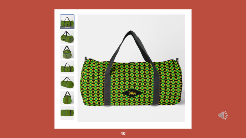 Screenshot of Zazzle design tool for Step 40: Review the various sides of the duffel bag by clicking on the preview thumbnails on the left side.
