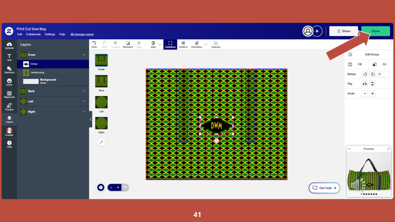 Screenshot of Zazzle design tool for Step 41: Back on the art board screen, click DONE to complete the transfer of the pattern from the necktie to a newly personalized duffel bag.