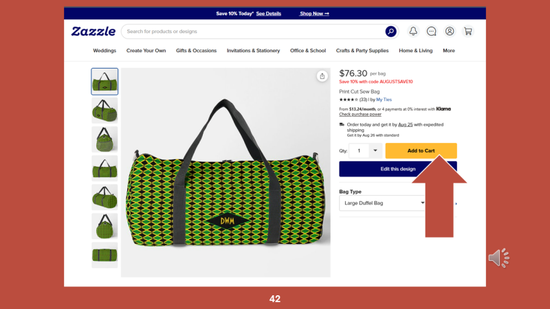 Screenshot of Zazzle design tool for Step 42: Click ADD TO CART to begin the purchase process.