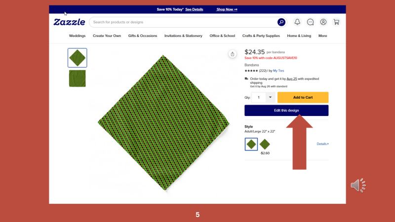Screenshot of Zazzle design tool for Step 5: You will be taken to the bandana product page, and the Jamaica flag pattern will be transferred to it.