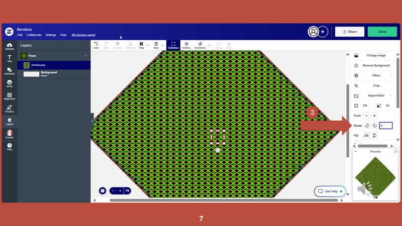 Screenshot of Zazzle design tool for Step 7: In the right-hand panel, locate the ROTATE option and change it from -30 to 0.