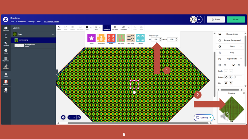 Screenshot of Zazzle design tool for Step 8: Now go to the TILING pulldown menu at the top of the screen.