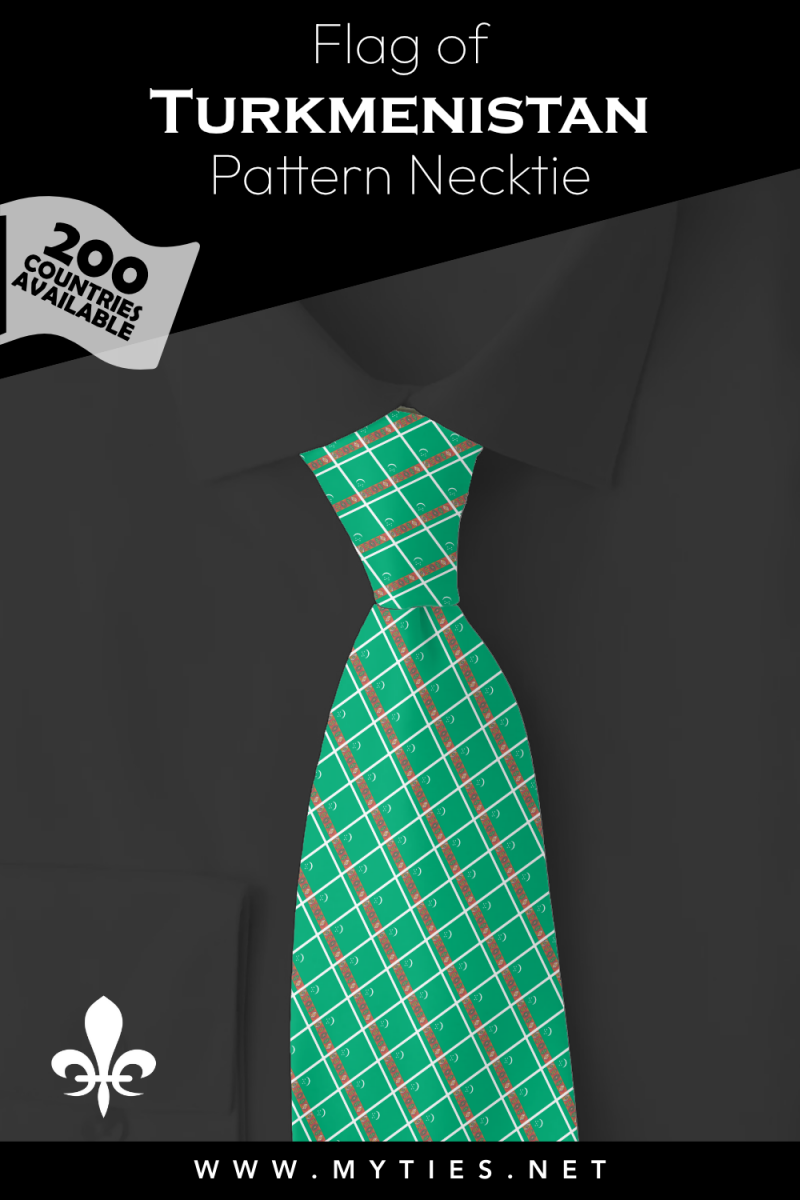 Pinterest Pin image: Flag of Turkmenistan patterned necktie, illustration of Turkmenistan flag necktie on folded black shirt