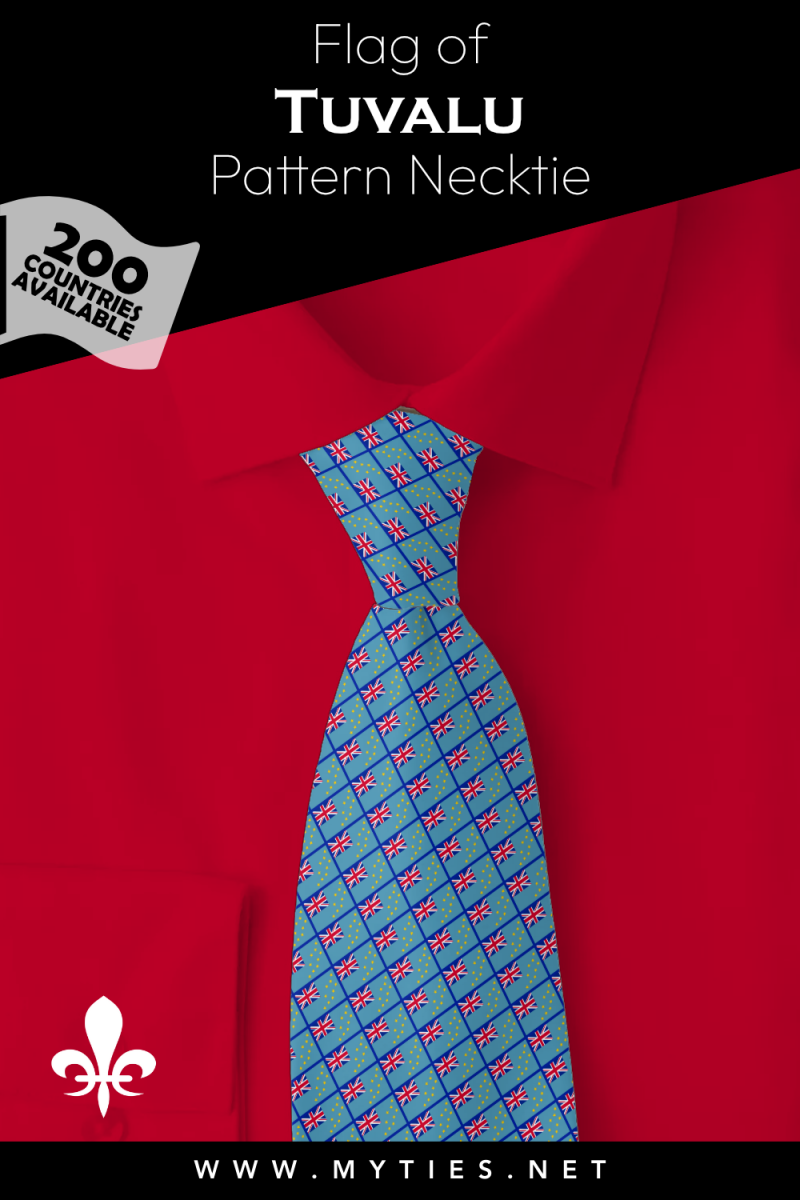 Pinterest Pin image: Flag of Tuvalu patterned necktie, illustration of Tuvalu flag necktie on folded red shirt