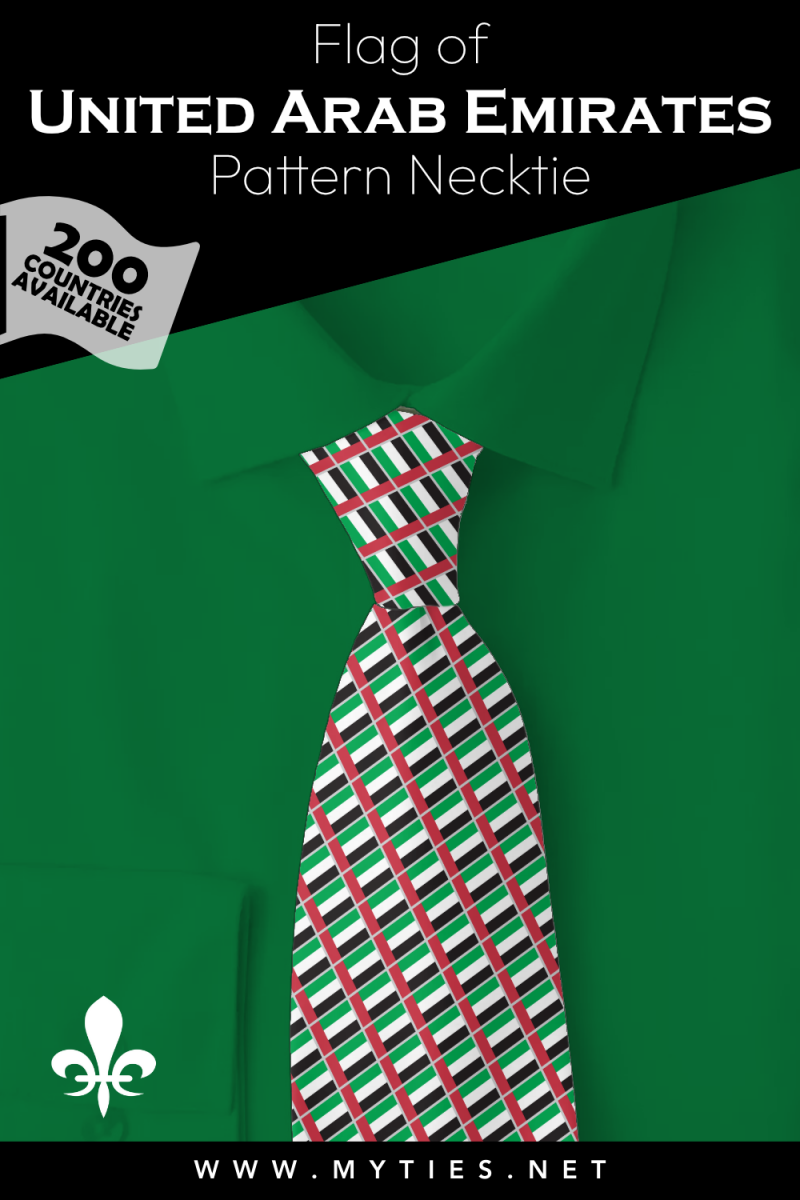 Pinterest Pin image: Flag of United Arab Emirates patterned necktie, illustration of United Arab Emirates flag necktie on folded green shirt