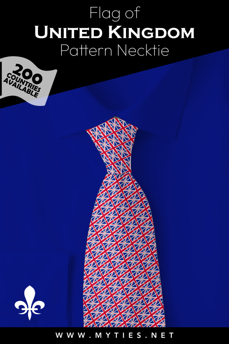 Pinterest Pin image: Flag of United Kingdom patterned necktie, illustration of United Kingdom flag necktie on folded blue shirt