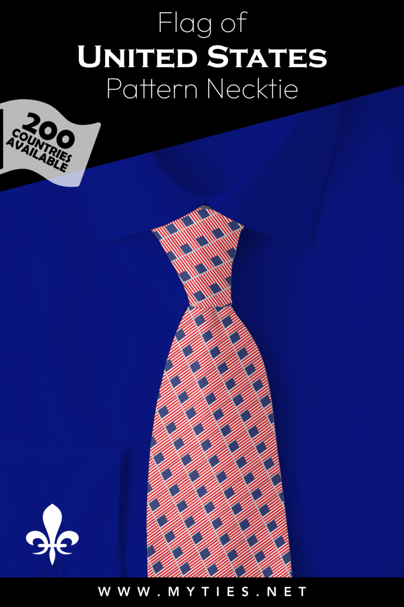 Pinterest Pin image: Flag of United States patterned necktie, illustration of United States flag necktie on folded blue shirt