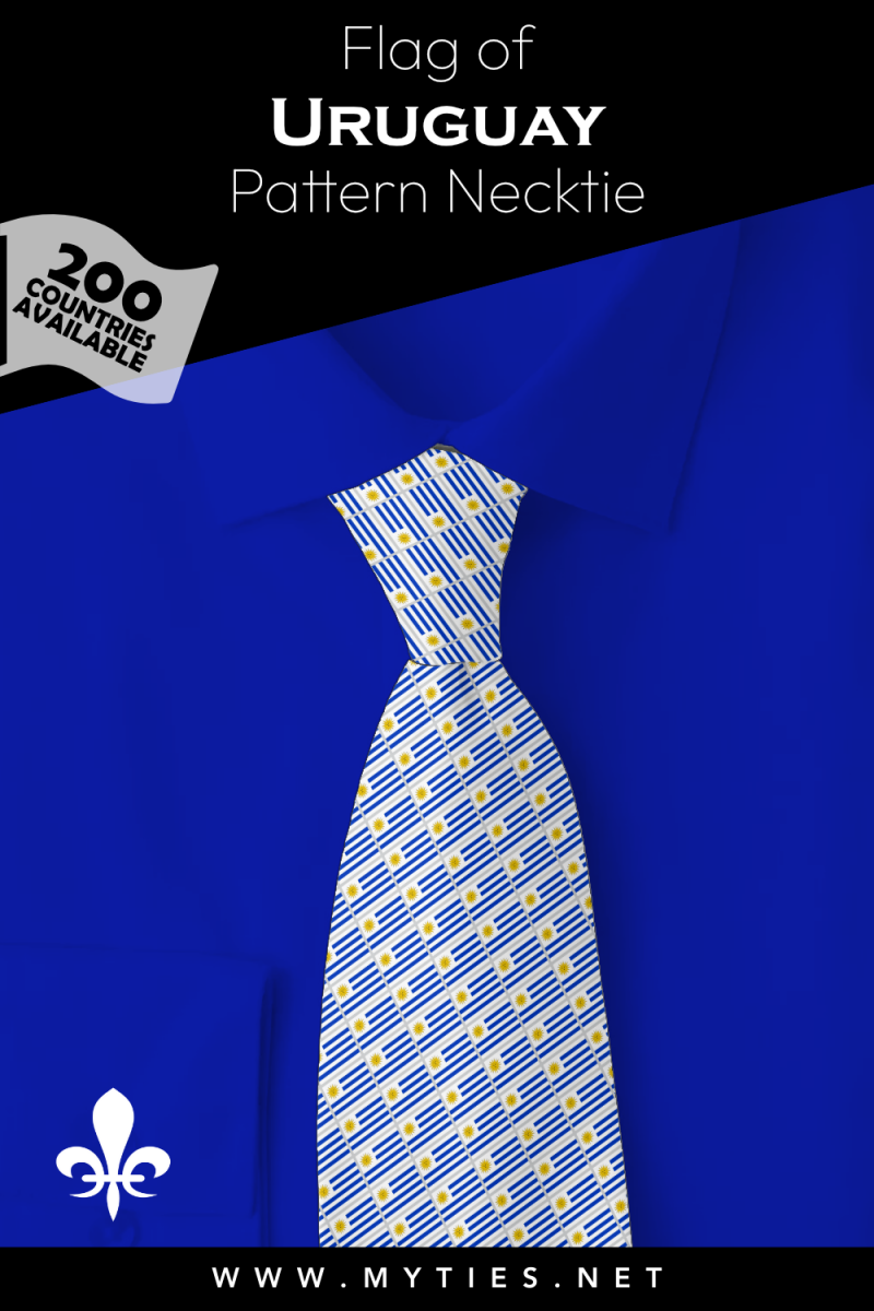 Pinterest Pin image: Flag of Uruguay patterned necktie, illustration of Uruguay flag necktie on folded blue shirt