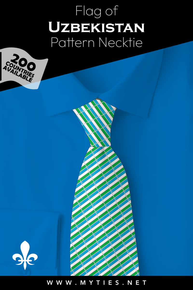 Pinterest Pin image: Flag of Uzbekistan patterned necktie, illustration of Uzbekistan flag necktie on folded blue shirt