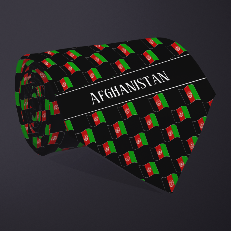 Rolled necktie, with WAVY flag checkerboard design, personalized with text: Afghanistan