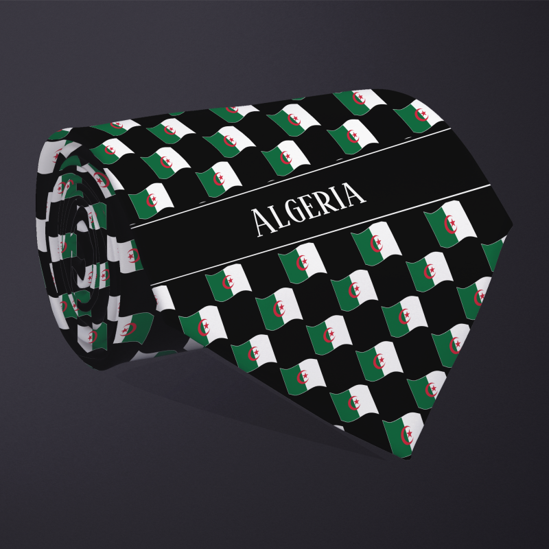 Rolled necktie, with WAVY flag checkerboard design, personalized with text: Algeria