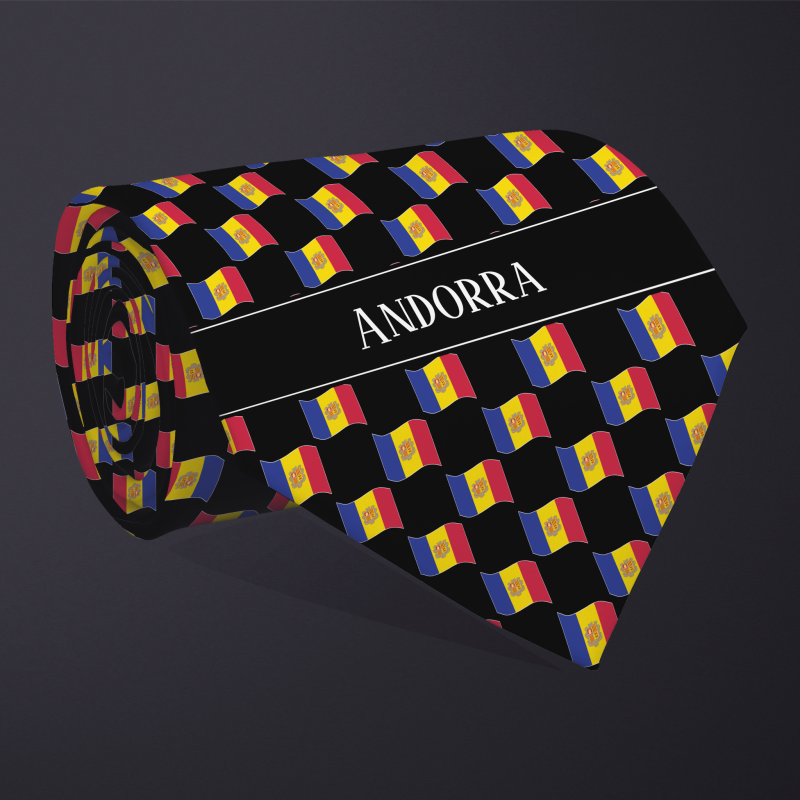 Rolled necktie, with WAVY flag checkerboard design, personalized with text: Andorra
