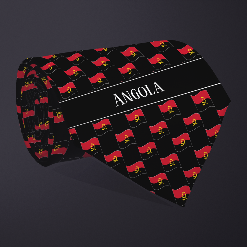 Rolled necktie, with WAVY flag checkerboard design, personalized with text: Angola
