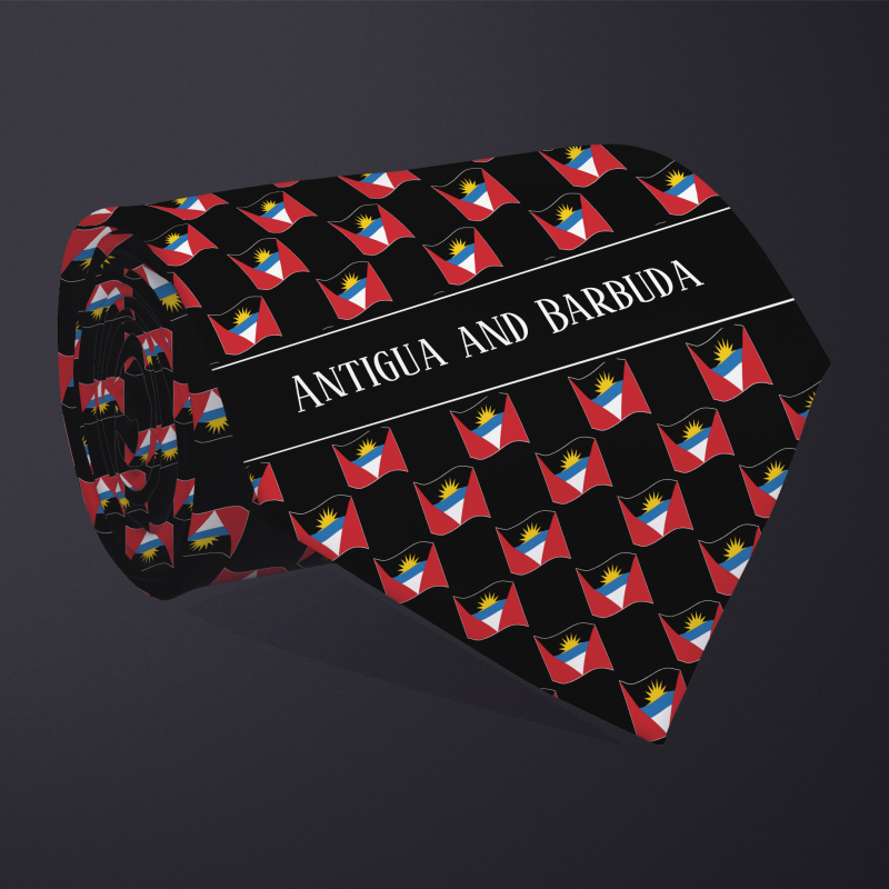 Rolled necktie, with WAVY flag checkerboard design, personalized with text: Antigua and Barbuda