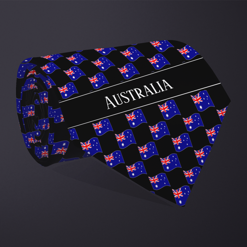 Rolled necktie, with WAVY flag checkerboard design, personalized with text: Australia